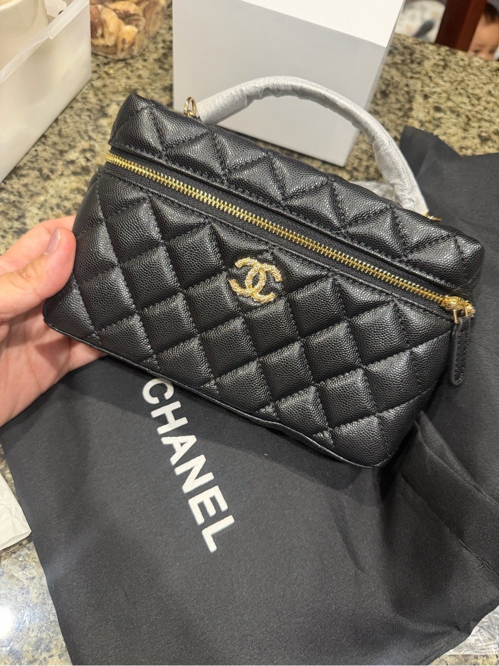 CC Black Quilted Mini Top-Handle Bag with Gold Hardware